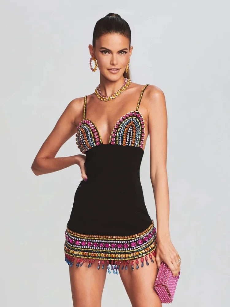 Black Crystal Bandage Bodycon Dress with Diamonds For Women, V-Neck, Meatpacking District, BYMANYC New York. - BYMANYC ® New York