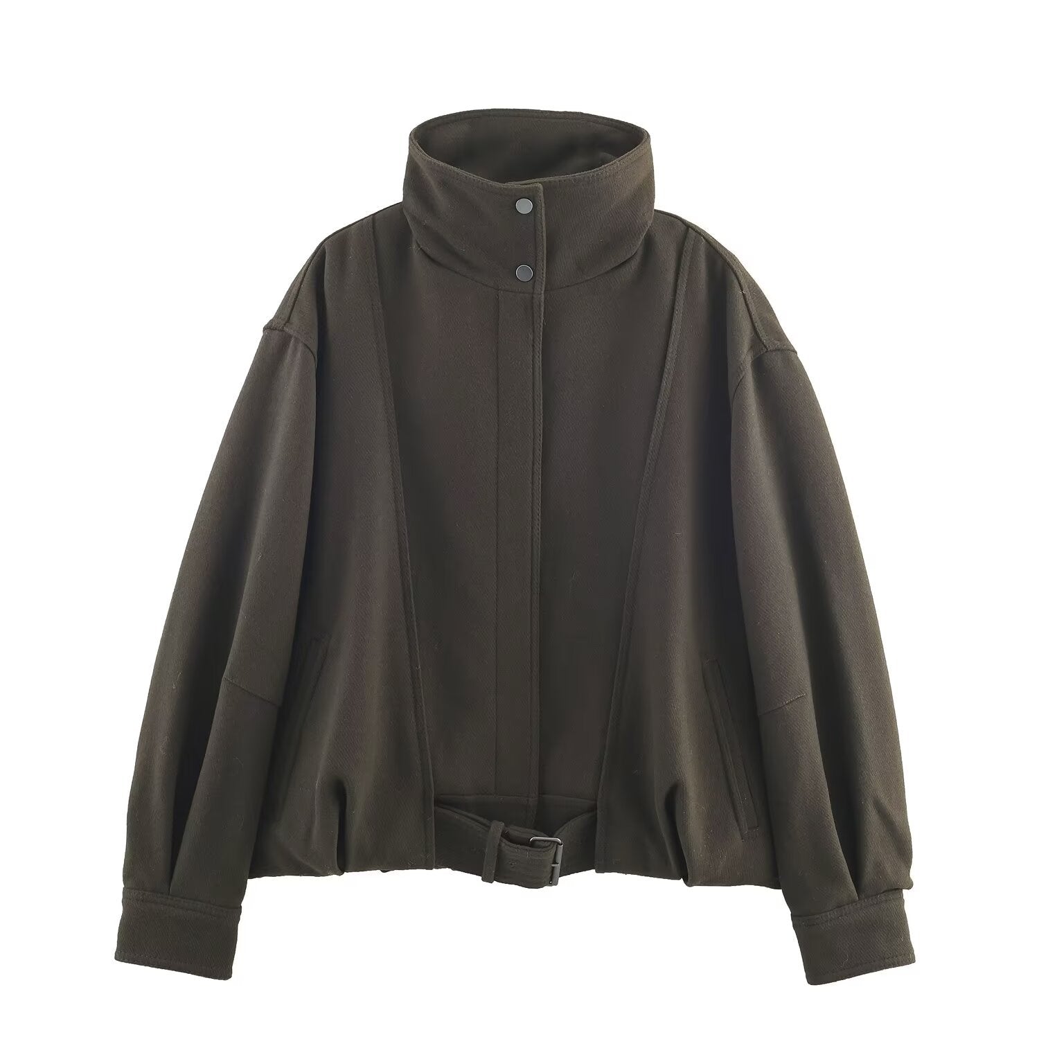 Women's Jacket Dark Olive Wool Blend BYMANYC ® New York SOHO BELTED HIGH COLLAR BOMBER - New Collection