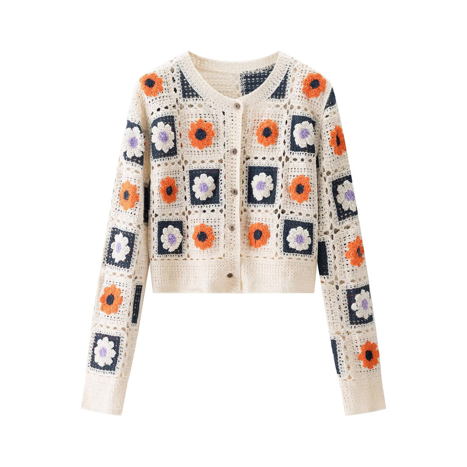Women's Cardigan Cream Crochet Floral BYMANYC ® New York SOHO FLORAL GRANNY SQUARE CROCHET CARDIGAN - New Collection