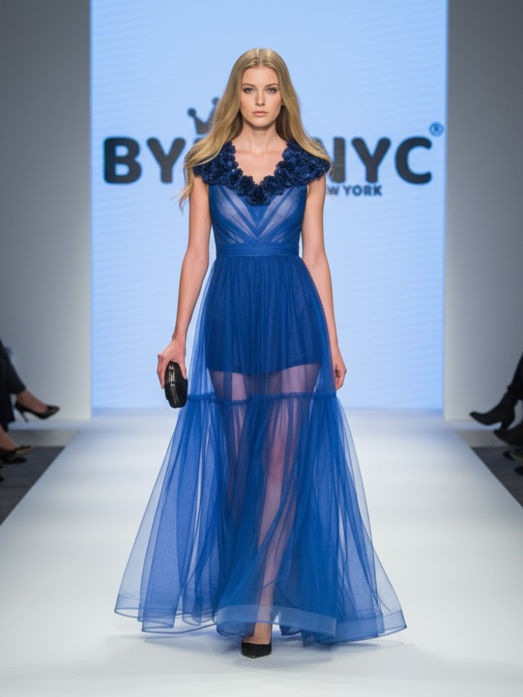 Sheer Tulle Long Dress BLUE - TRIBECA: Prêt-à-Porter Line BYMANYC ® New York