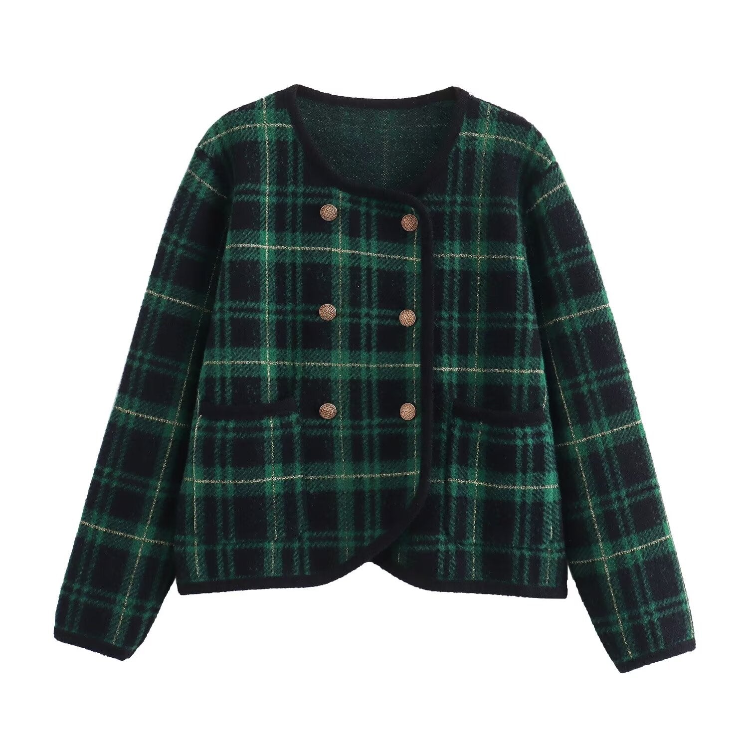 Women's Green Plaid Double-Breasted Knit Jacket BYMANYC ® New York CONTEMPORARY VIBRANT MODERN FASHION - New Collection