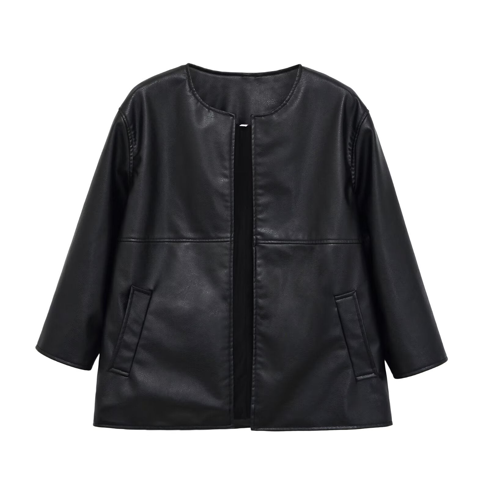 Women's Collarless Faux Leather Open-Front Jacket BYMANYC ® New York CONTEMPORARY VIBRANT MODERN FASHION - New Collection