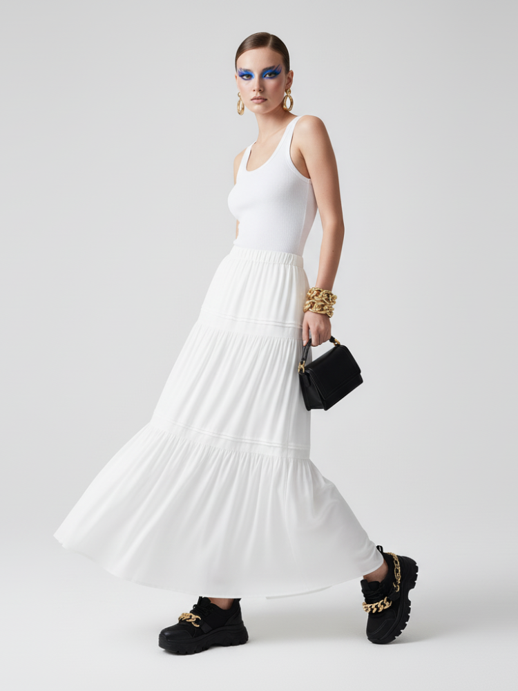  BROOKLYN BREEZE Tiered Maxi Skirt ECO FASHION BYMANYC ® New York  NYC Wholesale Boutique Inventory - No MOQ & Ready to Ship