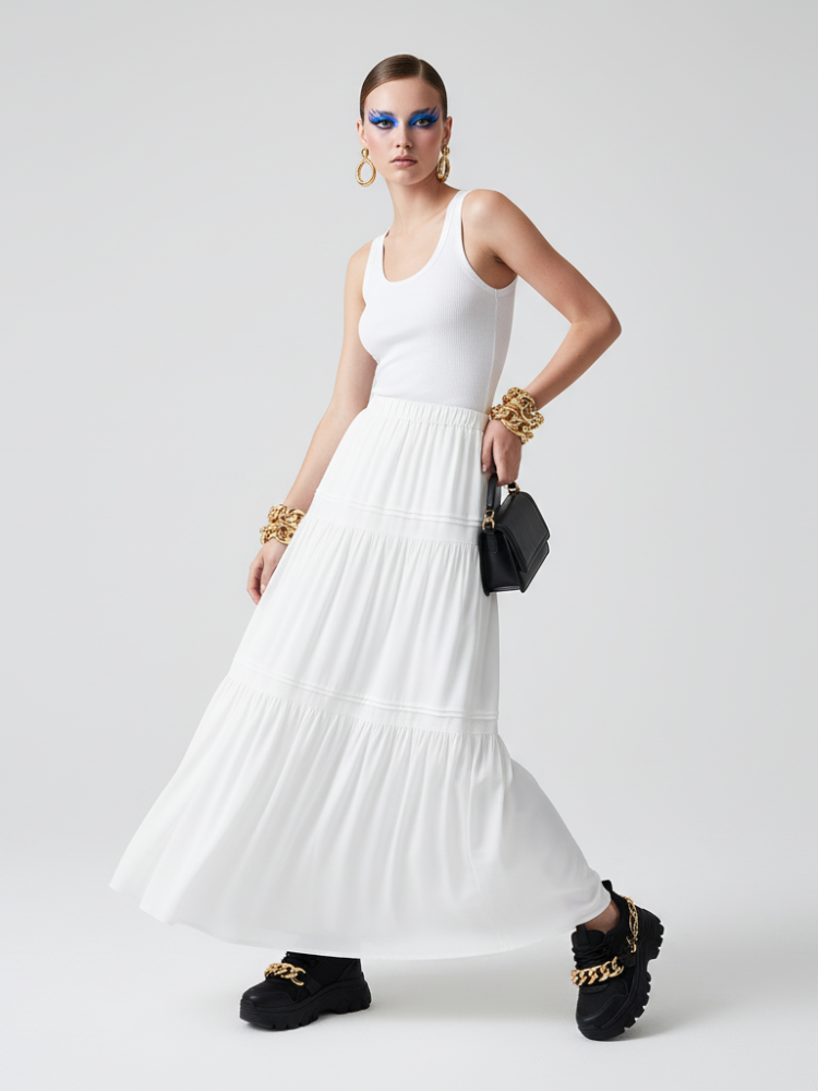  BROOKLYN BREEZE Tiered Maxi Skirt ECO FASHION BYMANYC ® New York  NYC Wholesale Boutique Inventory - No MOQ & Ready to Ship