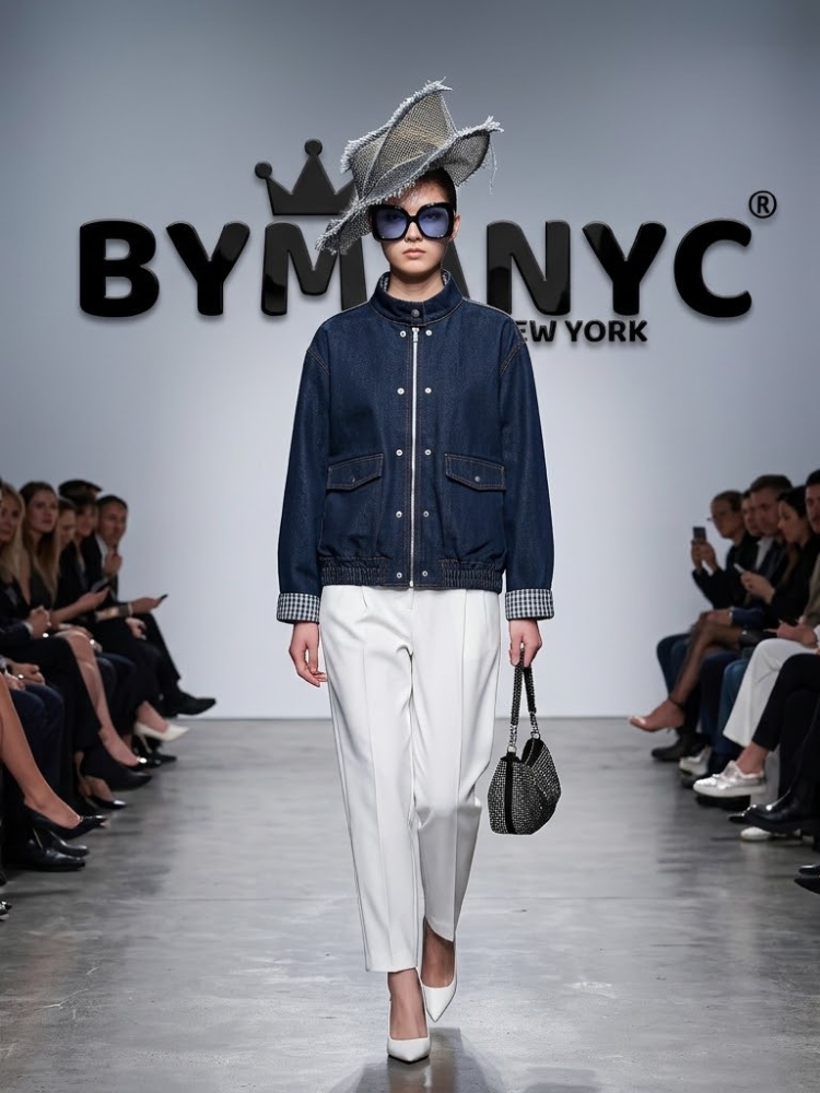 TitleWomen's All-Over Printed Denim Bomber Jacket BYMANYC ® New York CONTEMPORARY VIBRANT MODERN FASHION - New Collection