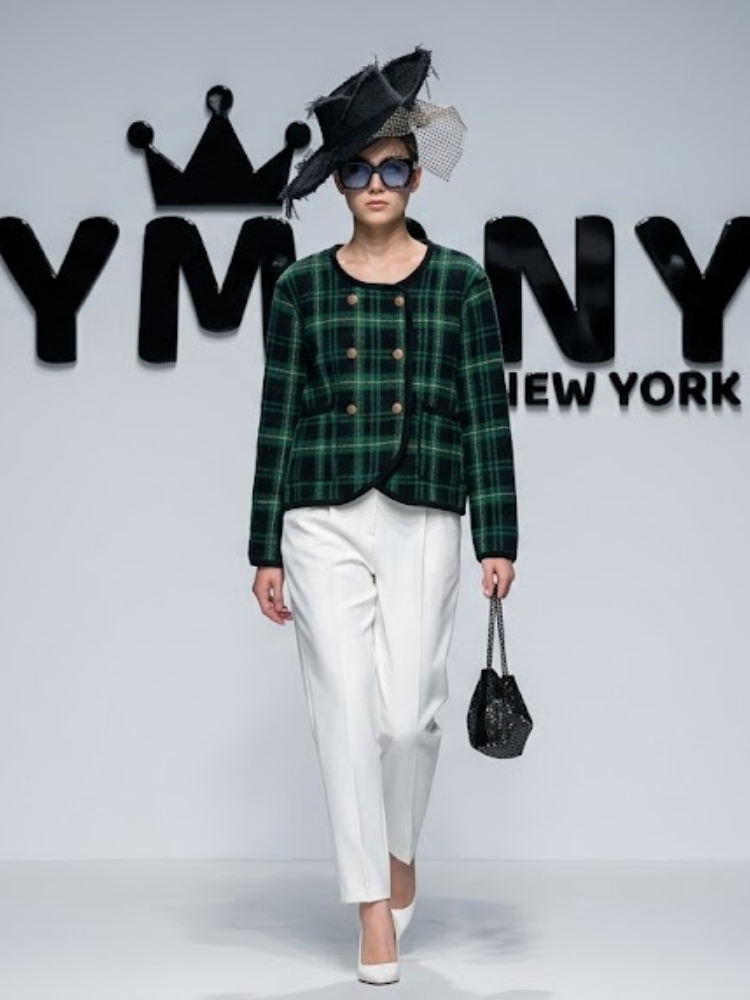 Women's Green Plaid Double-Breasted Knit Jacket BYMANYC ® New York CONTEMPORARY VIBRANT MODERN FASHION - New Collection