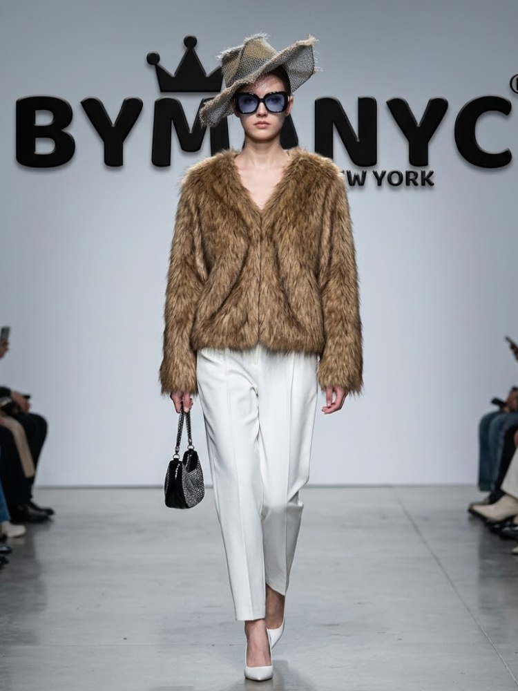 Women's Collarless Shaggy Faux Fur Jacket BYMANYC ® New York CONTEMPORARY VIBRANT MODERN FASHION - New Collection