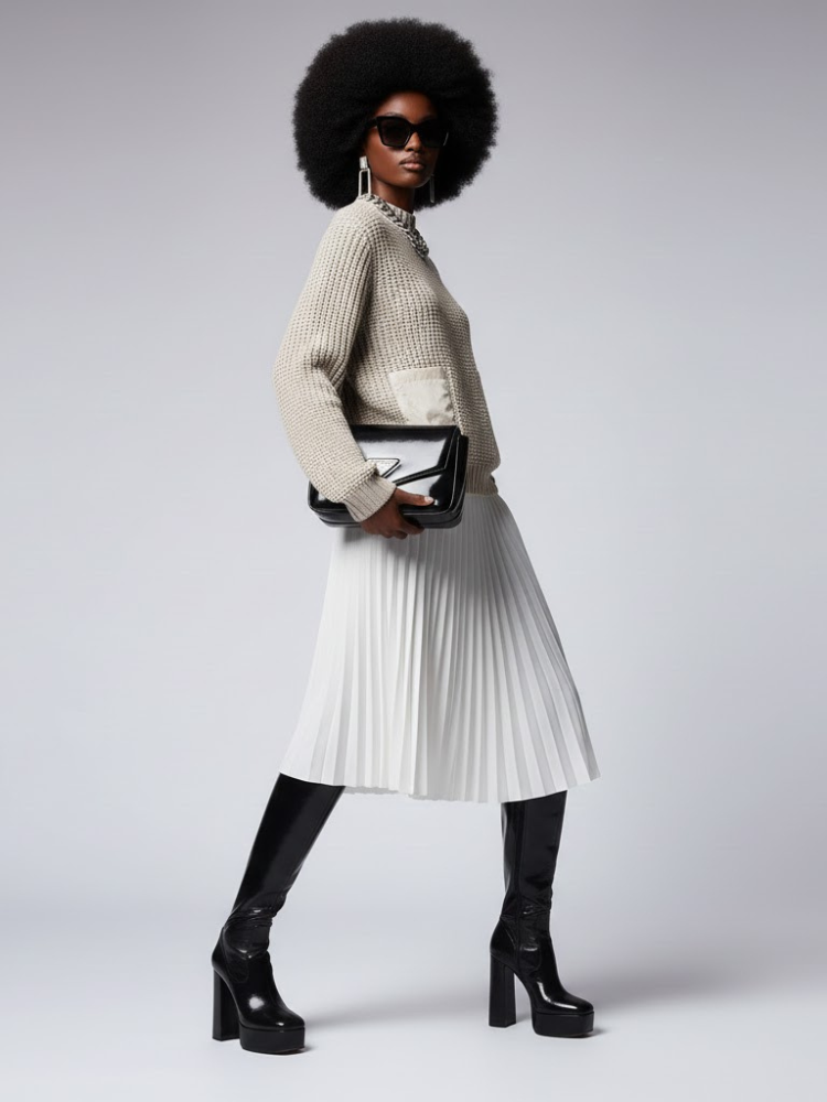 Beige Ribbed Knit Sweater with Nylon Pockets GREENWICH: New Colección COUTURE in NOLITA - BYMANYC ® New York