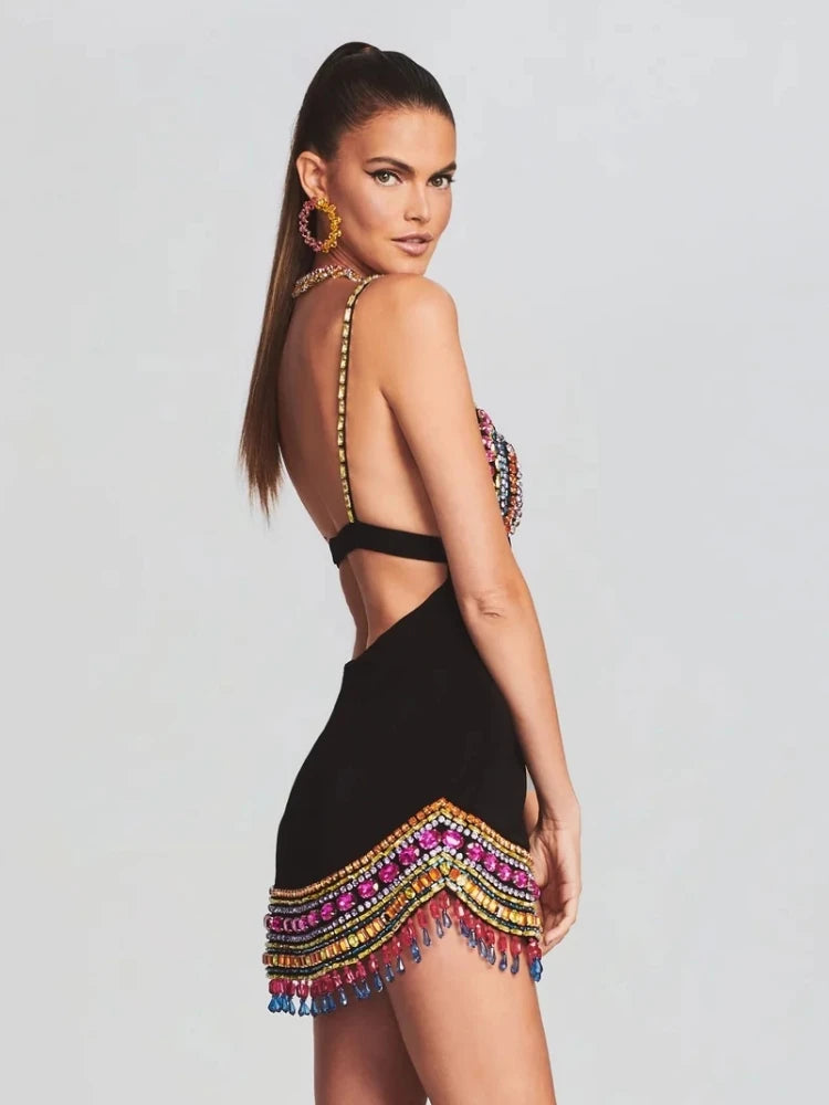 Black Crystal Bandage Bodycon Dress with Diamonds For Women, V-Neck, Meatpacking District, BYMANYC New York. - BYMANYC ® New York  