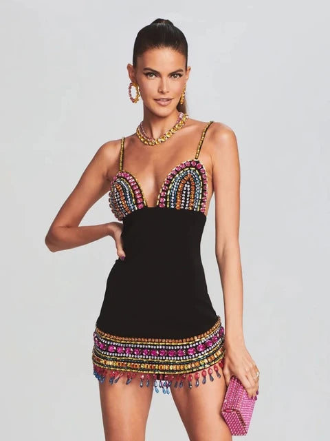 Black Crystal Bandage Bodycon Dress with Diamonds For Women, V-Neck, Meatpacking District, BYMANYC New York. - BYMANYC ® New York  