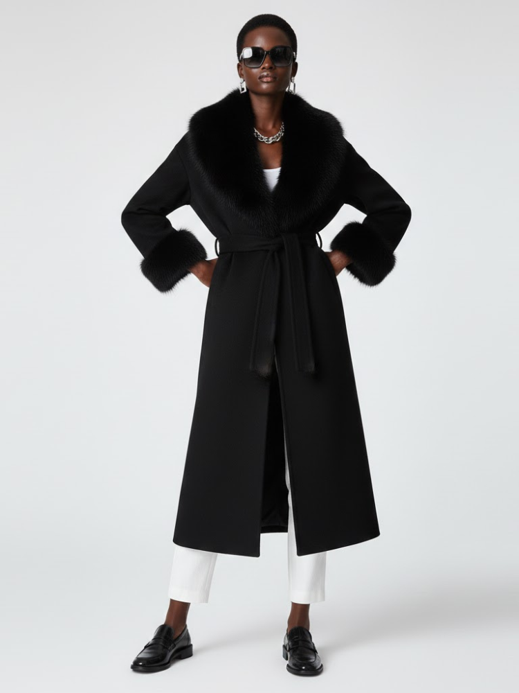  Black Long Coat with Faux Fur Collar - CADMAN PLAZA: New Collection COUTURE in BROOKLYN - BYMANYC ® New York  NYC Wholesale Boutique Inventory - No MOQ & Ready to Ship