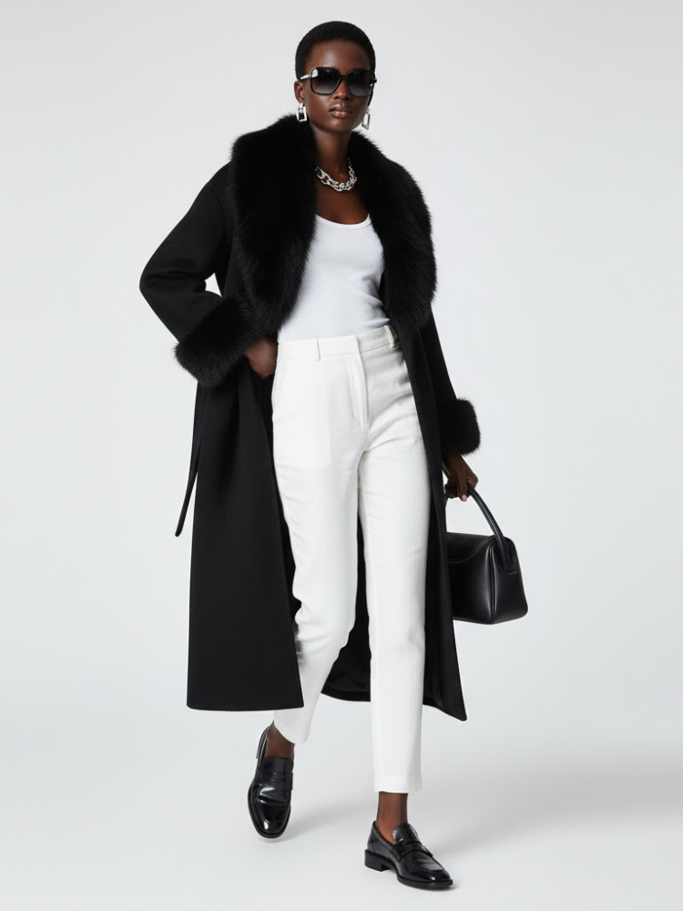  Black Long Coat with Faux Fur Collar - CADMAN PLAZA: New Collection COUTURE in BROOKLYN - BYMANYC ® New York  NYC Wholesale Boutique Inventory - No MOQ & Ready to Ship