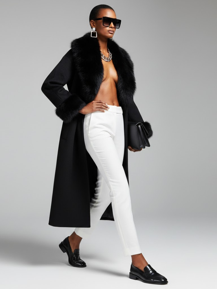  Black Long Coat with Faux Fur Collar - CADMAN PLAZA: New Collection COUTURE in BROOKLYN - BYMANYC ® New York  NYC Wholesale Boutique Inventory - No MOQ & Ready to Ship