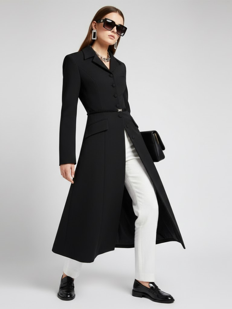  Black Long Tailored Coat with Belt - BOERUM HILL: New Collection COUTURE in BROOKLYN - BYMANYC ® New York  NYC Wholesale Boutique Inventory - No MOQ & Ready to Ship
