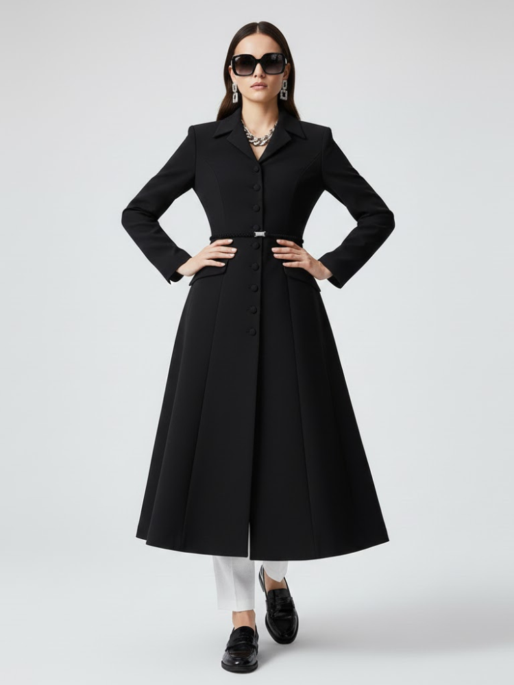  Black Long Tailored Coat with Belt - BOERUM HILL: New Collection COUTURE in BROOKLYN - BYMANYC ® New York  NYC Wholesale Boutique Inventory - No MOQ & Ready to Ship