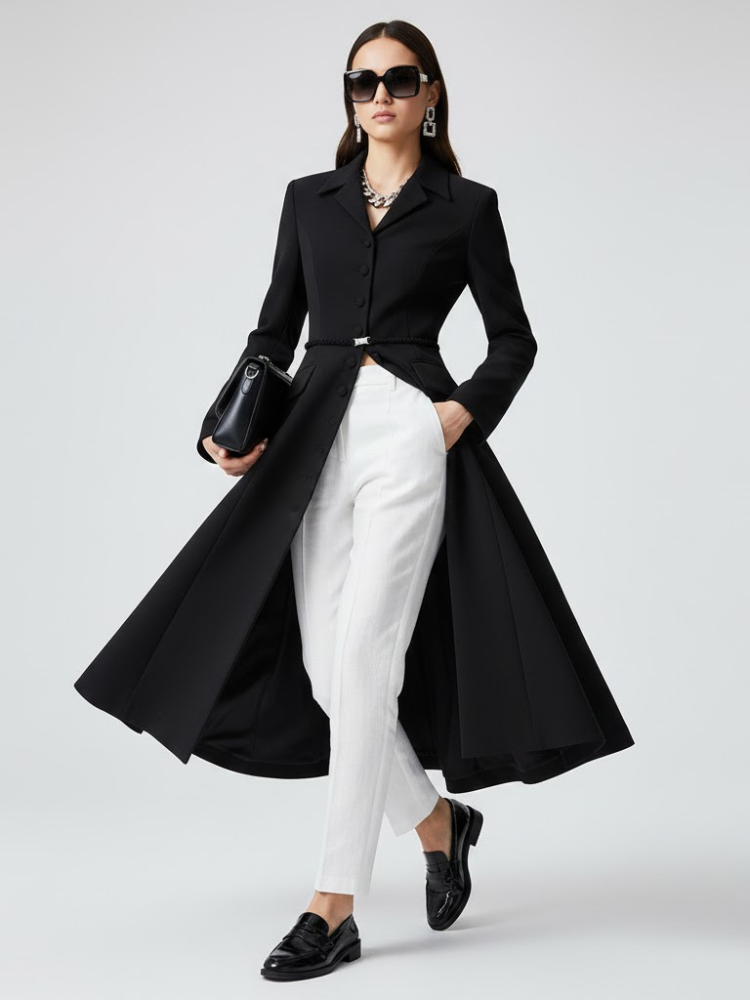  Black Long Tailored Coat with Belt - BOERUM HILL: New Collection COUTURE in BROOKLYN - BYMANYC ® New York  NYC Wholesale Boutique Inventory - No MOQ & Ready to Ship