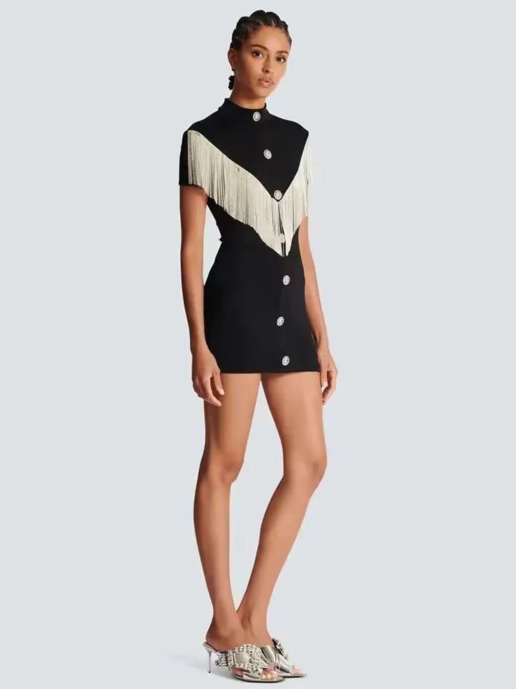 Black Mini Bodycon Dress with Button Tassel For Women, Meatpacking District, BYMANYC New York. - BYMANYC ® New York  
