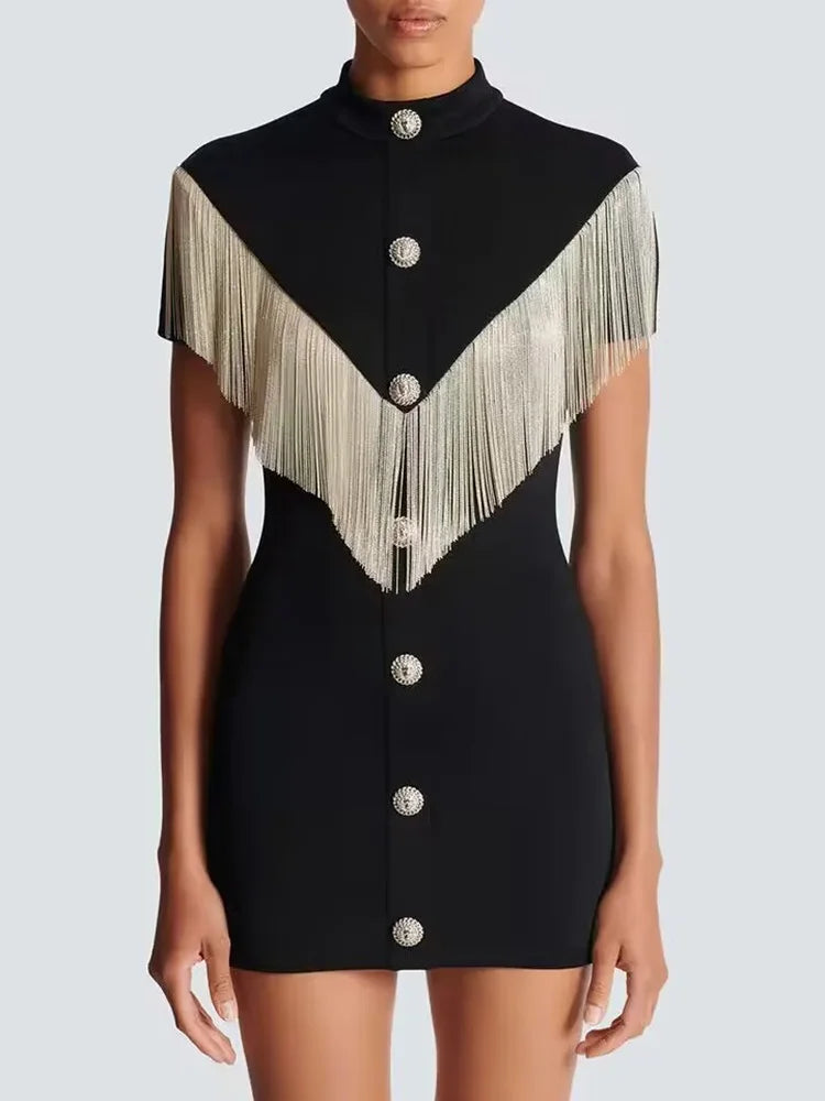 Black Mini Bodycon Dress with Button Tassel For Women, Meatpacking District, BYMANYC New York. - BYMANYC ® New York  