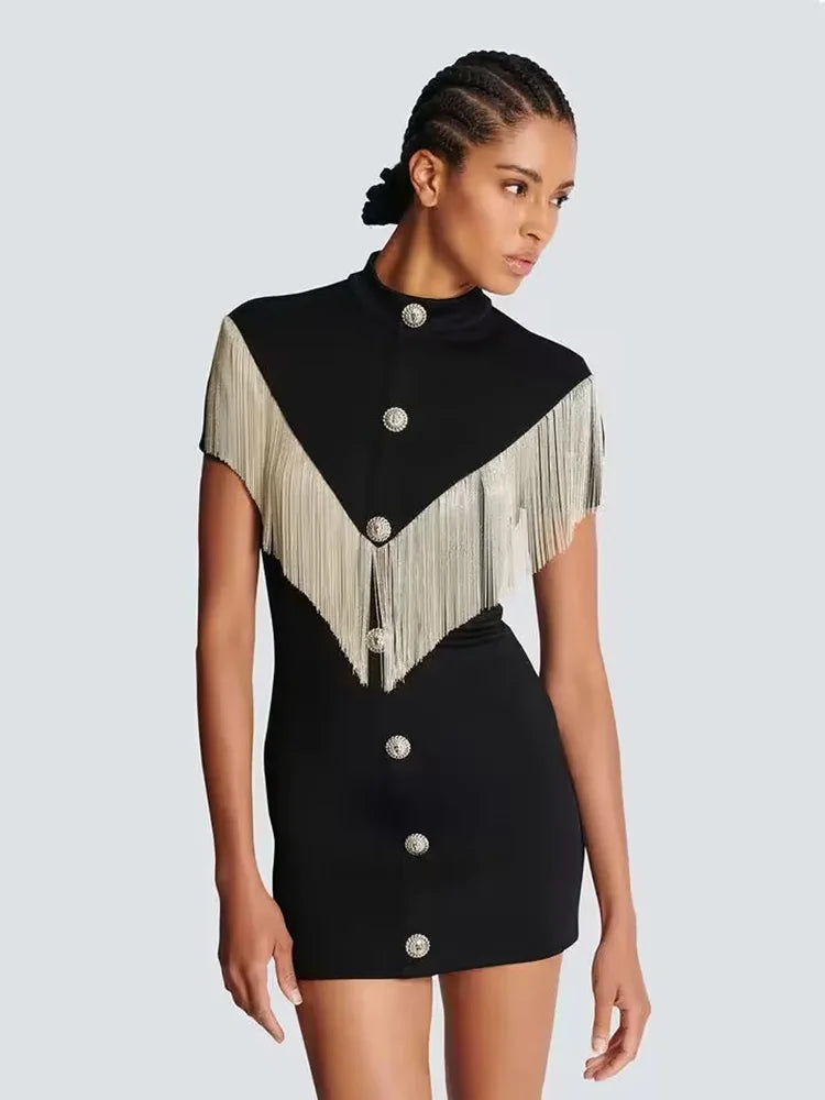Black Mini Bodycon Dress with Button Tassel For Women, Meatpacking District, BYMANYC New York. - BYMANYC ® New York  