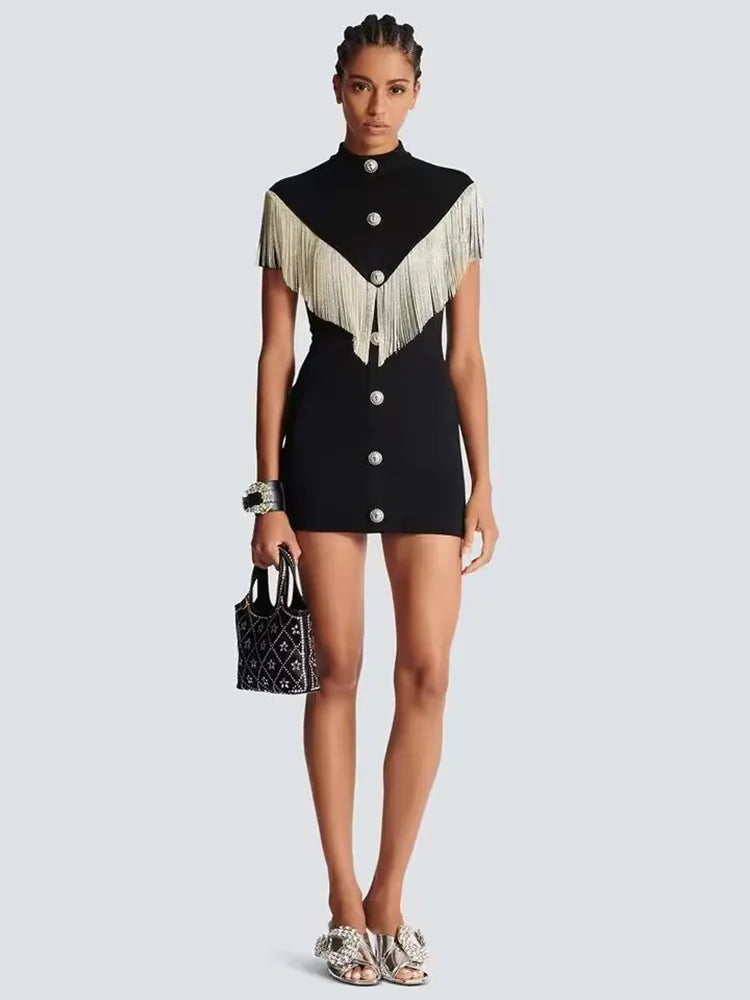 Black Mini Bodycon Dress with Button Tassel For Women, Meatpacking District, BYMANYC New York. - BYMANYC ® New York  