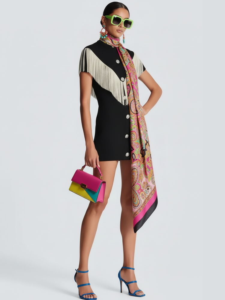  Black Mini Bodycon Dress with Button Tassel For Women, Meatpacking District, BYMANYC New York.  NYC Wholesale Boutique Inventory - No MOQ & Ready to Ship