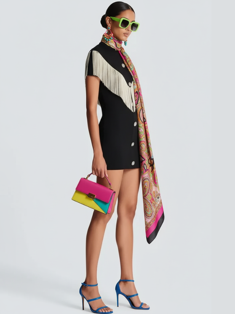  Black Mini Bodycon Dress with Button Tassel For Women, Meatpacking District, BYMANYC New York.  NYC Wholesale Boutique Inventory - No MOQ & Ready to Ship
