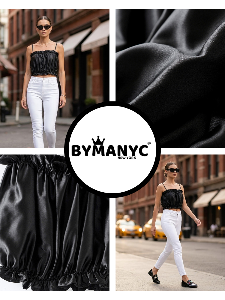  Black SOHO Satin Ruched Top Prêt-à-Porter BYMANYC ® New York  NYC Wholesale Boutique Inventory - No MOQ & Ready to Ship