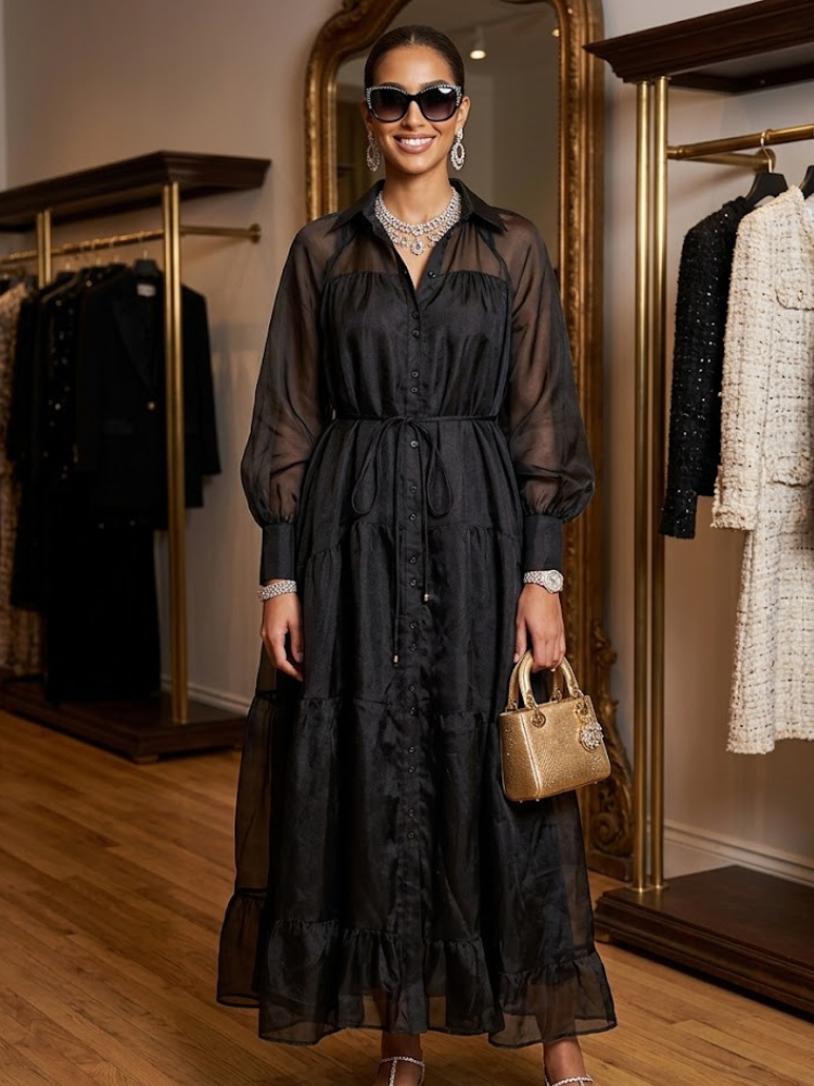  Black Sheer Tiered Maxi Shirt Dress GRAMERCY New Collection FASHION BYMANYC ® New York  NYC Wholesale Boutique Inventory - No MOQ & Ready to Ship