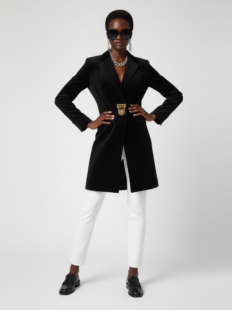  Black Tailored Coat with Clasp - DOWNTOWN BROOKLYN: New Collection COUTURE in BROOKLYN - BYMANYC ® New York  NYC Wholesale Boutique Inventory - No MOQ & Ready to Ship
