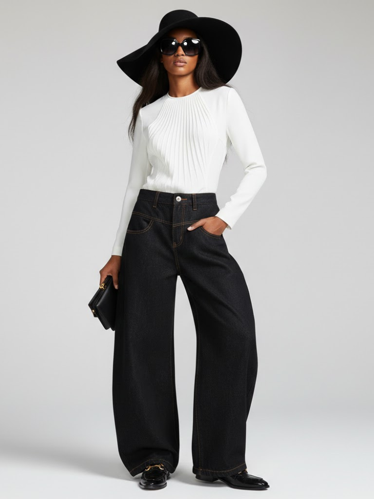  Black Wide-Leg Denim Jeans with Contrast Stitching • BYMANYC ® New York  NYC Wholesale Boutique Inventory - No MOQ & Ready to Ship