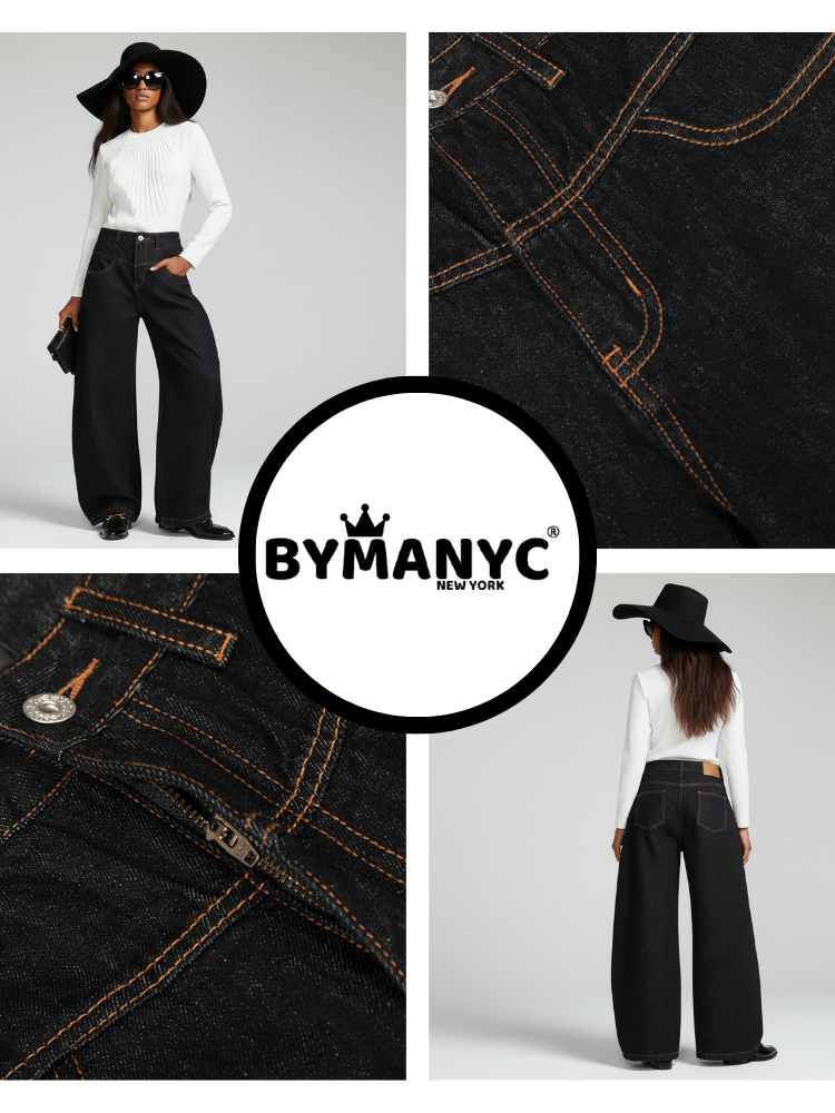  Black Wide-Leg Denim Jeans with Contrast Stitching • BYMANYC ® New York  NYC Wholesale Boutique Inventory - No MOQ & Ready to Ship