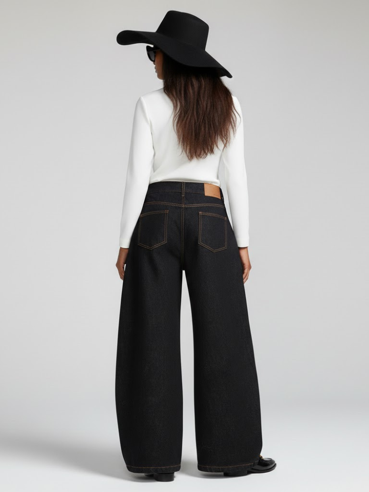  Black Wide-Leg Denim Jeans with Contrast Stitching • BYMANYC ® New York  NYC Wholesale Boutique Inventory - No MOQ & Ready to Ship