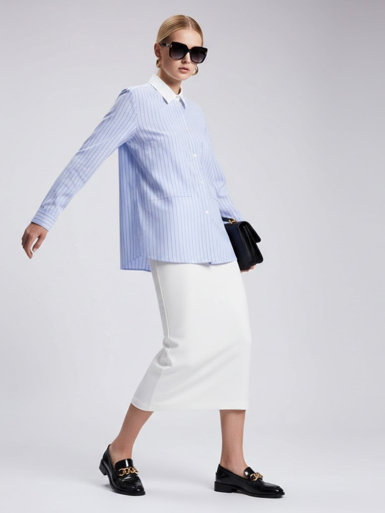  Blue Striped Shirt with Contrast Collar and Double Pockets • BYMANYC ® New York  NYC Wholesale Boutique Inventory - No MOQ & Ready to Ship