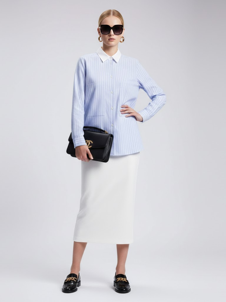  Blue Striped Shirt with Contrast Collar and Double Pockets • BYMANYC ® New York  NYC Wholesale Boutique Inventory - No MOQ & Ready to Ship