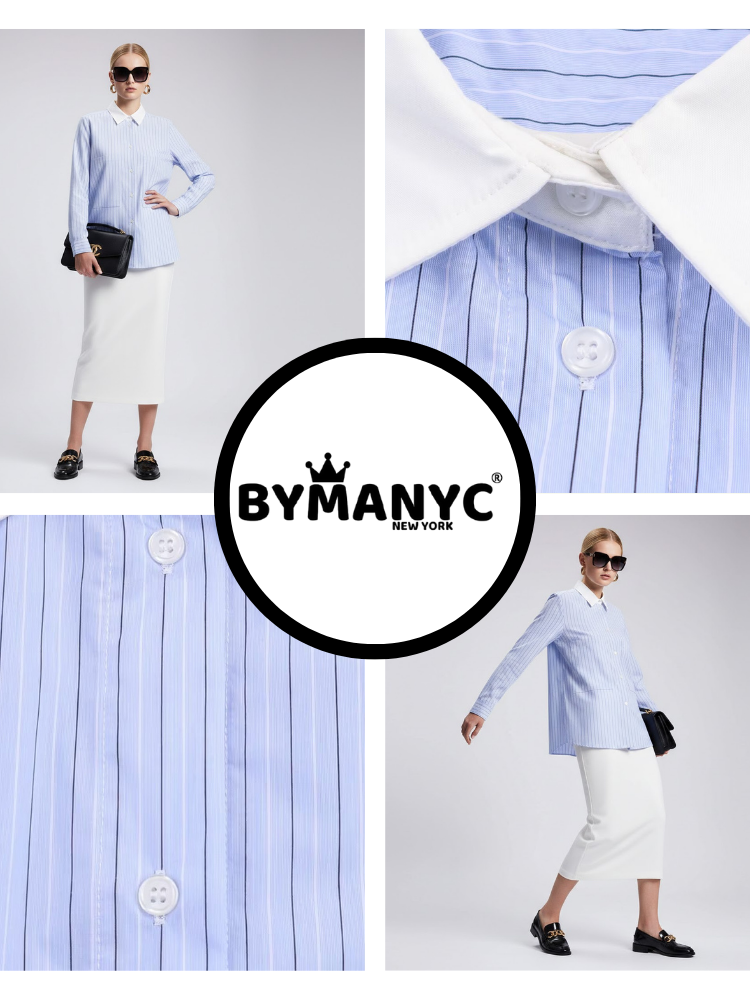  Blue Striped Shirt with Contrast Collar and Double Pockets • BYMANYC ® New York  NYC Wholesale Boutique Inventory - No MOQ & Ready to Ship