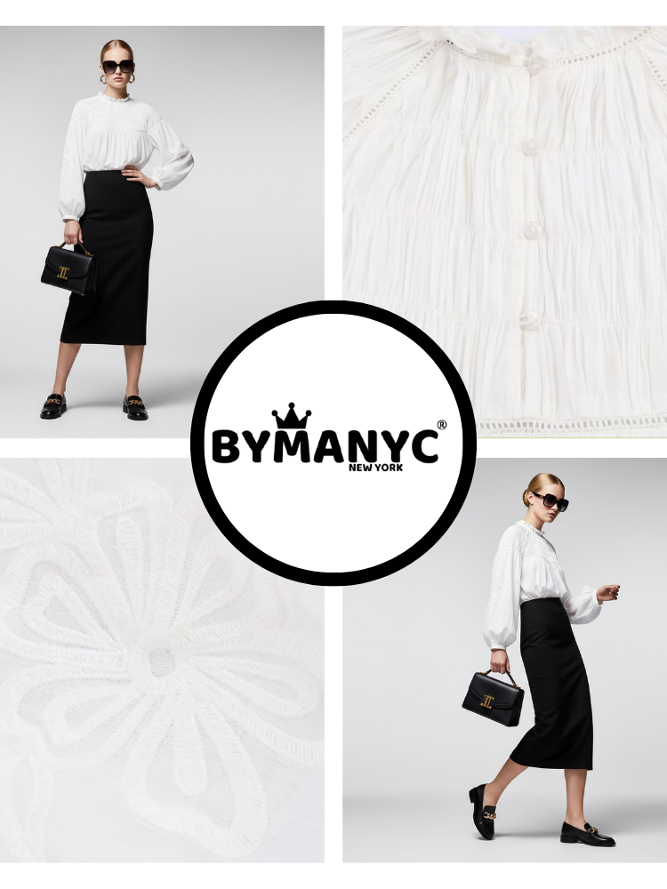 Bohemian White Cotton Blouse with Smocked Detail and Embroidery • BYMANYC ® New York - BYMANYC ® New York  