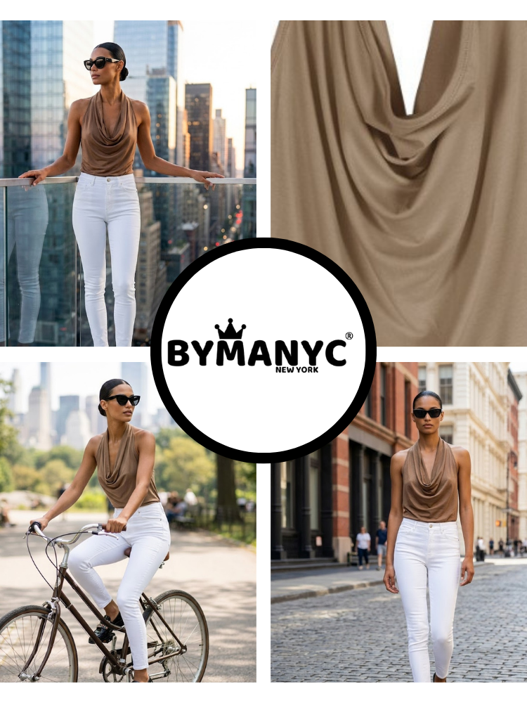  Brown MIDTOWN Halter Draped Top Prêt-à-Porter BYMANYC ® New York  NYC Wholesale Boutique Inventory - No MOQ & Ready to Ship