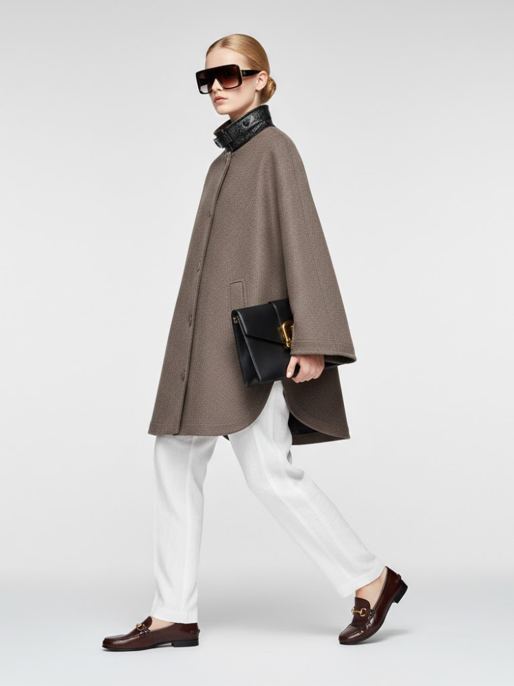  Brown Wool-Blend Jacket with Leather Collar and Egg-Shape Cut • BYMANYC ® New York  NYC Wholesale Boutique Inventory - No MOQ & Ready to Ship