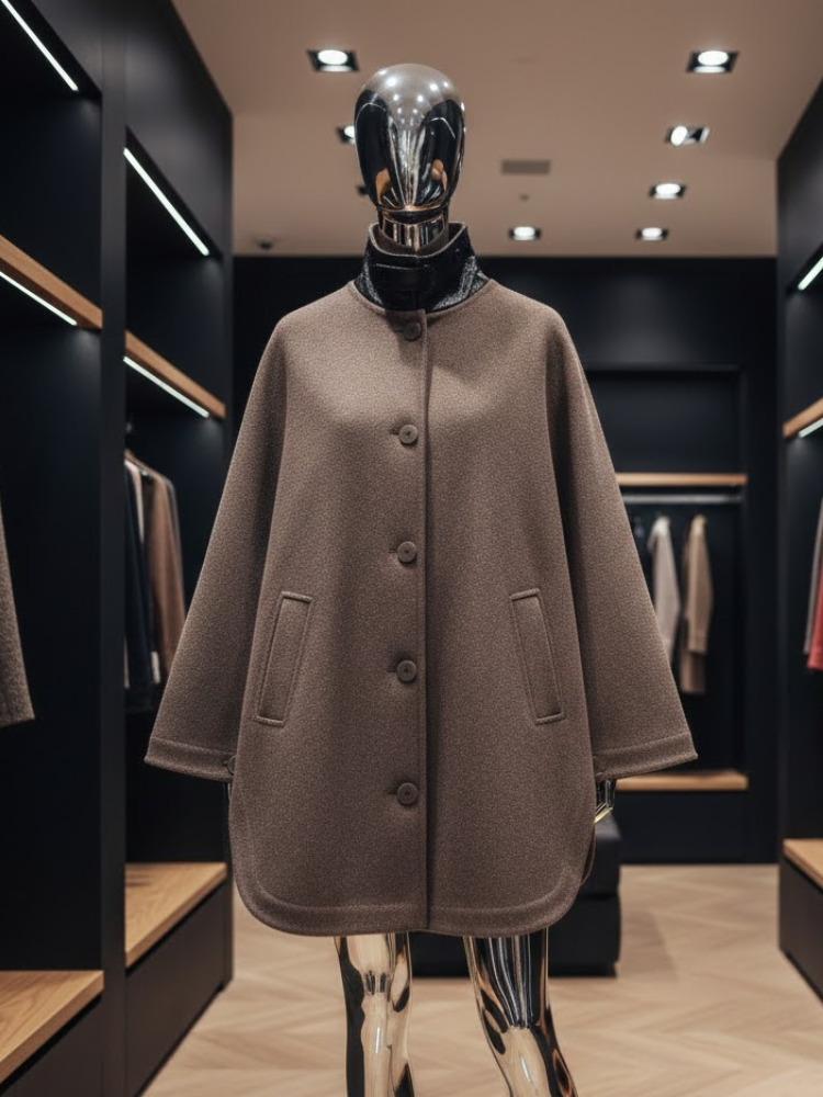  Brown Wool-Blend Jacket with Leather Collar and Egg-Shape Cut • BYMANYC ® New York  NYC Wholesale Boutique Inventory - No MOQ & Ready to Ship