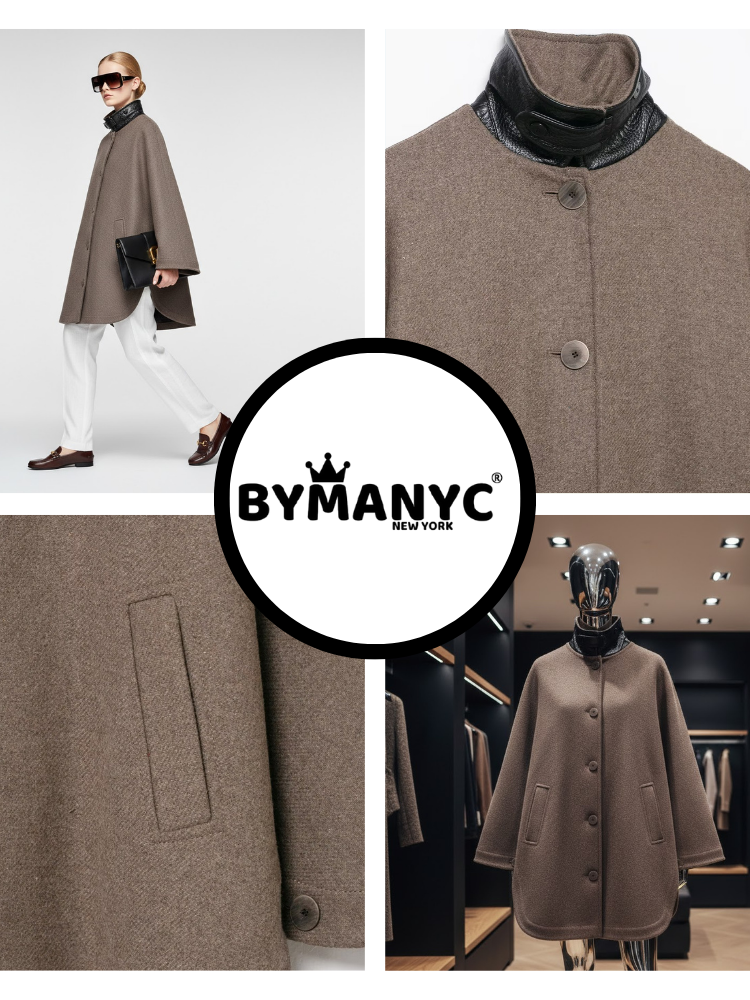  Brown Wool-Blend Jacket with Leather Collar and Egg-Shape Cut • BYMANYC ® New York  NYC Wholesale Boutique Inventory - No MOQ & Ready to Ship