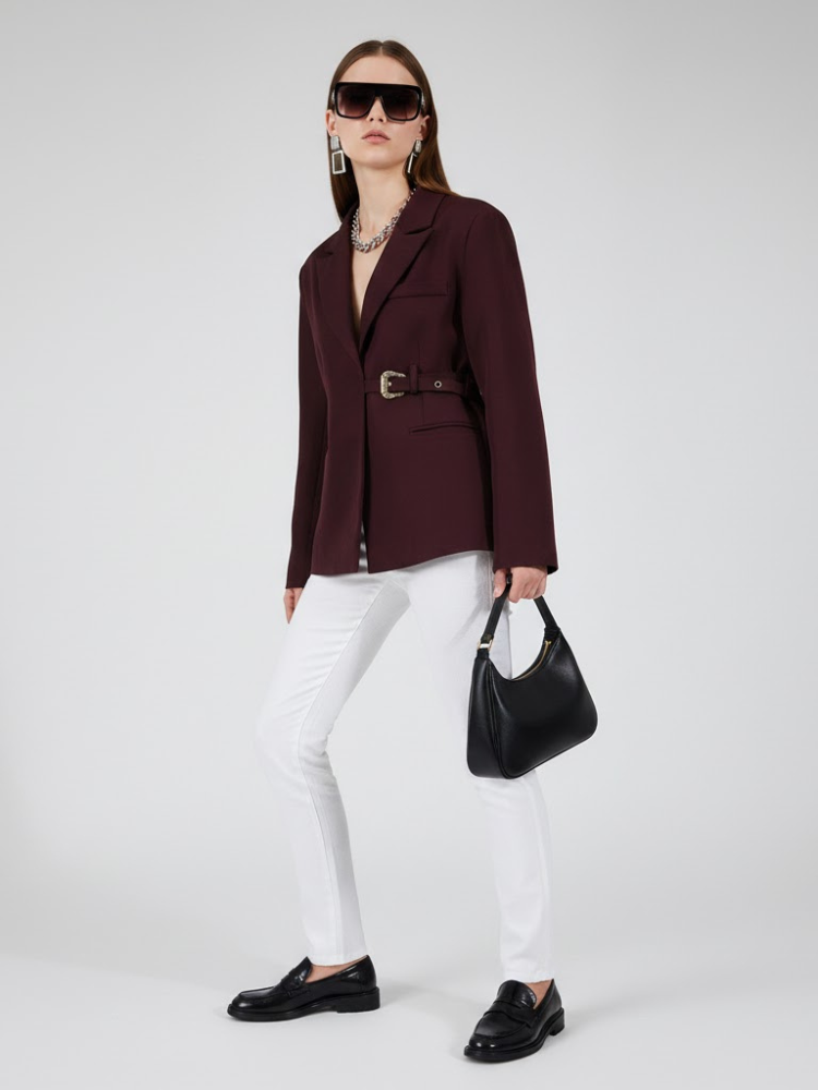  Burgundy Tailored Jacket with Buckle - RED HOOK: New Collection COUTURE in BROOKLYN - BYMANYC ® New York  NYC Wholesale Boutique Inventory - No MOQ & Ready to Ship