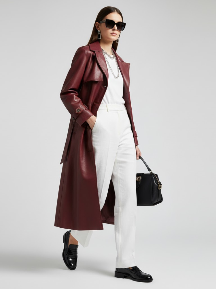 Burgundy Vegan Leather Long Trench Coat - BED-STUY: New Collection COUTURE in BROOKLYN - BYMANYC ® New York - BYMANYC ® New York  