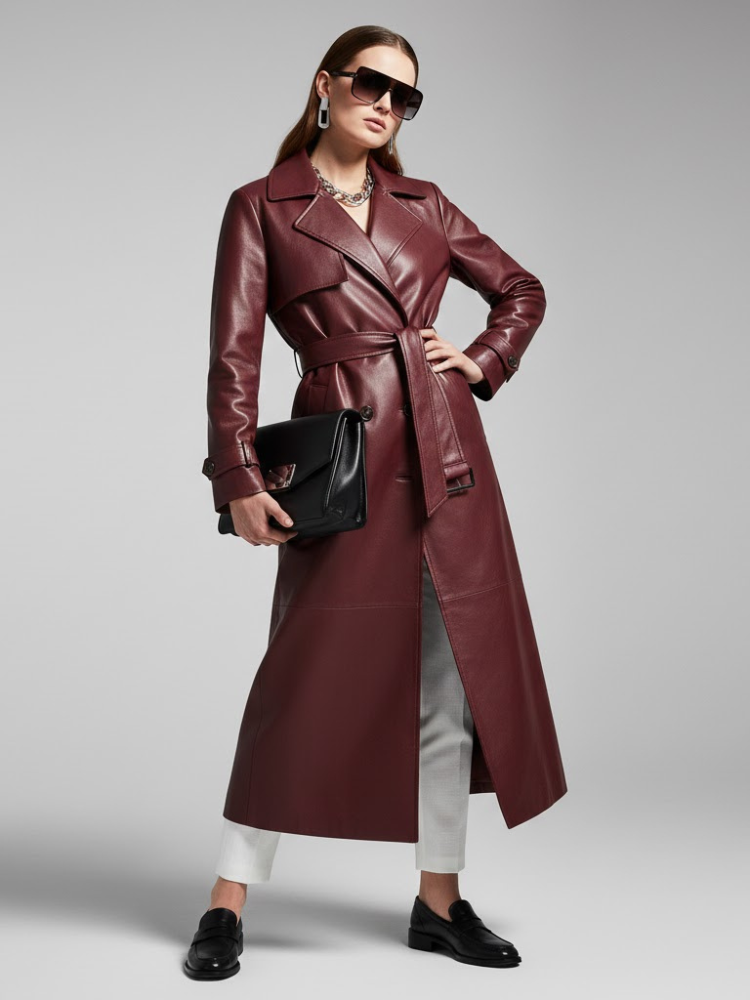Burgundy Vegan Leather Long Trench Coat - BED-STUY: New Collection COUTURE in BROOKLYN - BYMANYC ® New York - BYMANYC ® New York  
