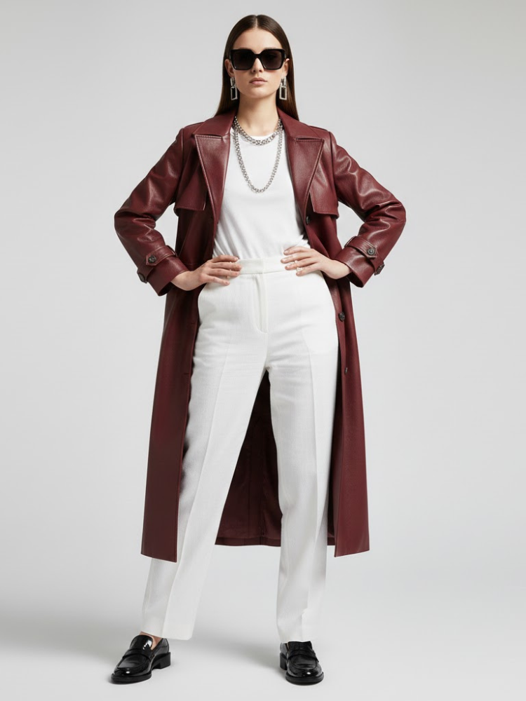  Burgundy Vegan Leather Long Trench Coat - BED-STUY: New Collection COUTURE in BROOKLYN - BYMANYC ® New York  NYC Wholesale Boutique Inventory - No MOQ & Ready to Ship