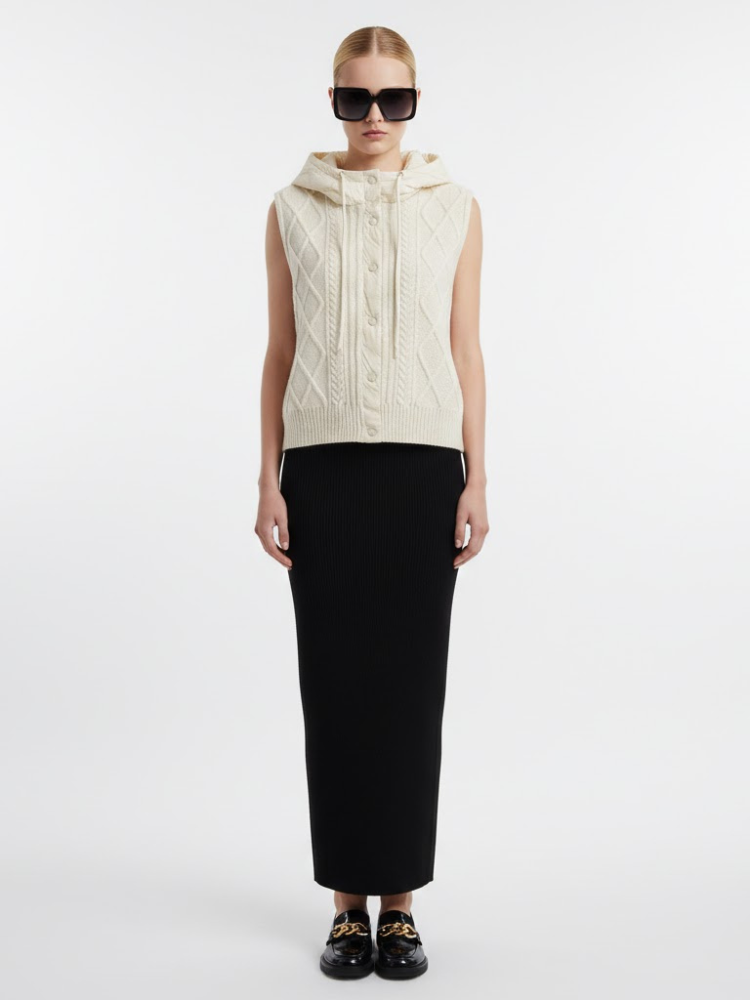  Cable-Knit Vest with Detachable Quilted Hood • BYMANYC ® New York  NYC Wholesale Boutique Inventory - No MOQ & Ready to Ship