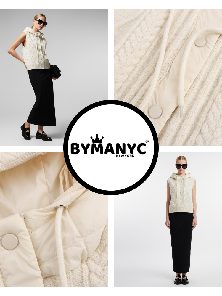  Cable-Knit Vest with Detachable Quilted Hood • BYMANYC ® New York  NYC Wholesale Boutique Inventory - No MOQ & Ready to Ship