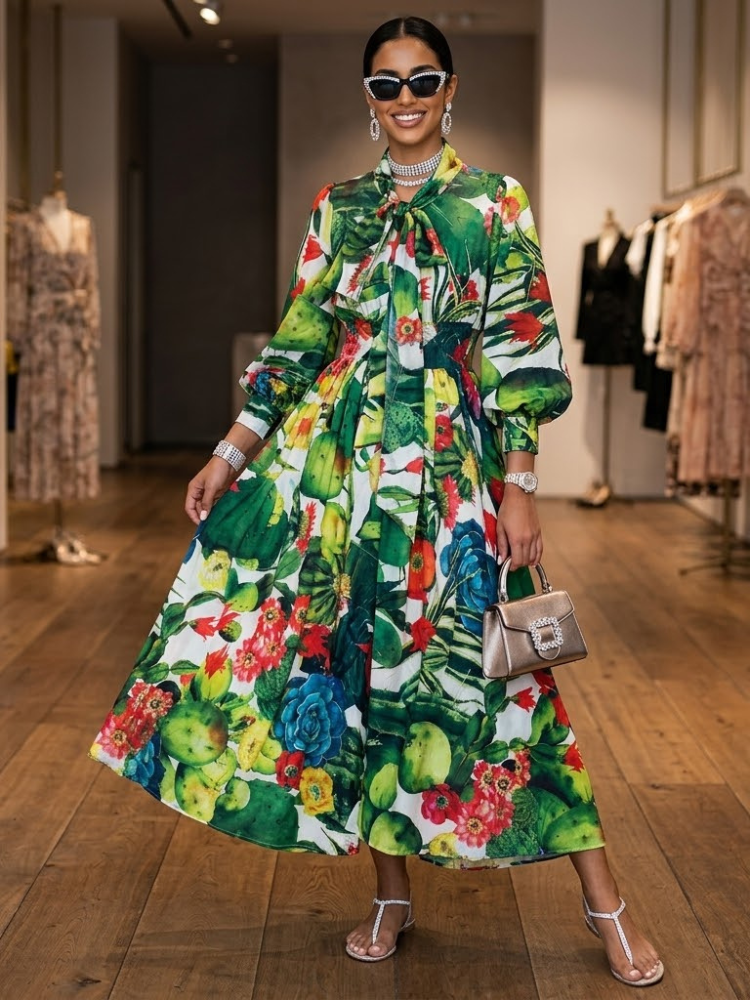  Cactus Print Maxi Dress With Neck Tie HUDSON New Collection FASHION BYMANYC ® New York  NYC Wholesale Boutique Inventory - No MOQ & Ready to Ship