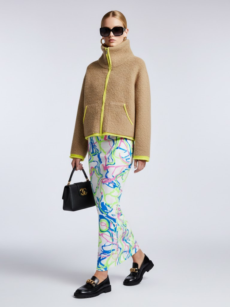  Camel Bouclé Knit Jacket with Neon Trims and Funnel Neck • BYMANYC ® New York  NYC Wholesale Boutique Inventory - No MOQ & Ready to Ship