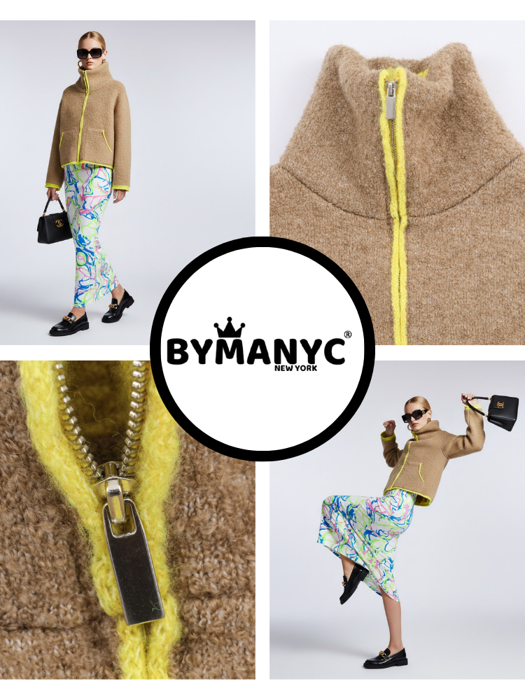  Camel Bouclé Knit Jacket with Neon Trims and Funnel Neck • BYMANYC ® New York  NYC Wholesale Boutique Inventory - No MOQ & Ready to Ship