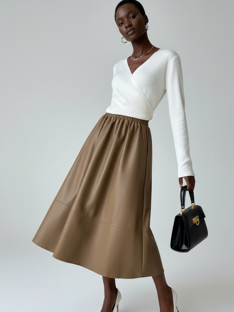  Camel Vegan Leather Midi Skirt LAFAYETTE: New Colección COUTURE in NOLITA - BYMANYC ® New York  NYC Wholesale Boutique Inventory - No MOQ & Ready to Ship